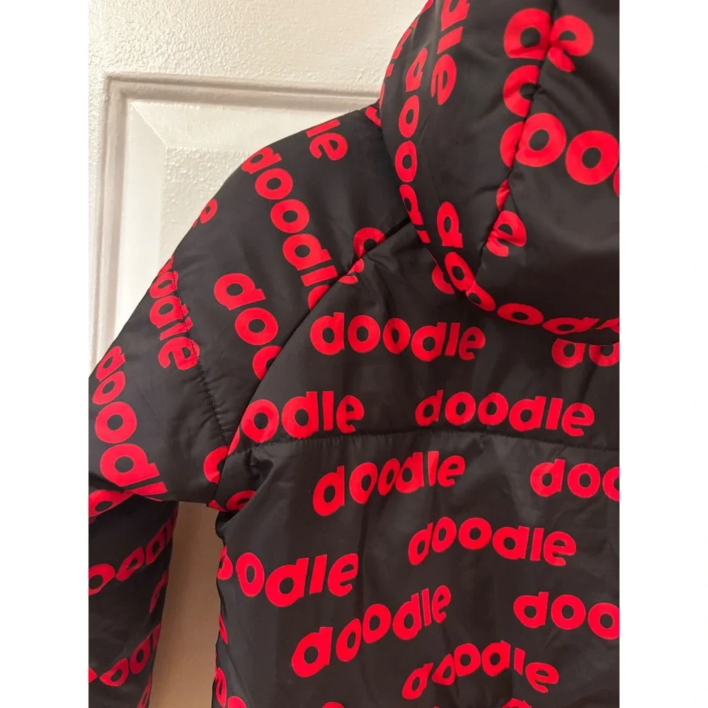 Secret Scientist Doodle Puffer Jacket Kids Black Red Logo Hooded Zip Up Coat -4T